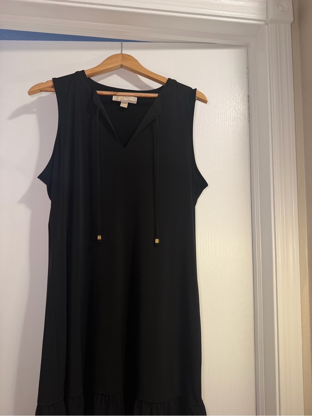 Michael Kors Black Sleeveless V-Neck Shift Dress with Tie Accents